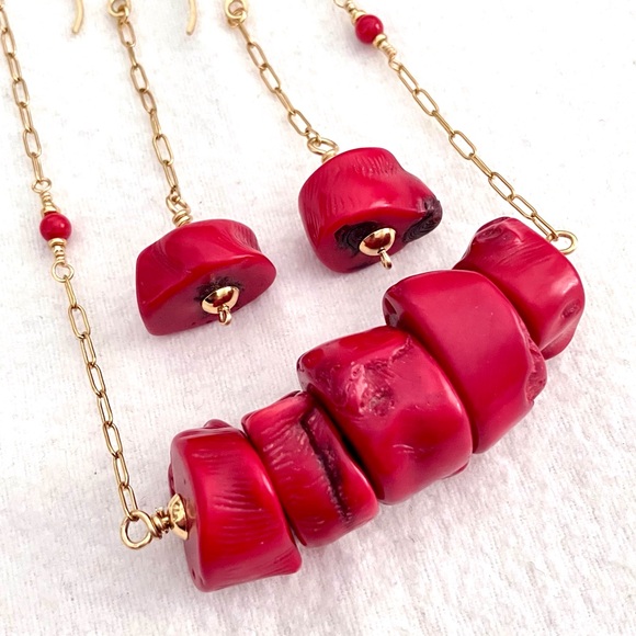 Chunky Red Coral Necklace & Earring Set Handmade Artisan Crafted